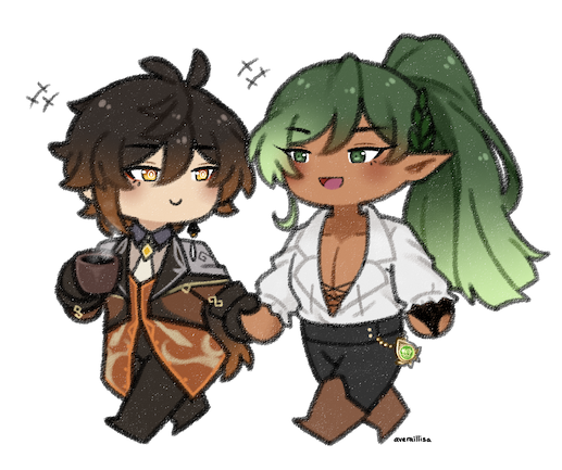 A chibi of Zhongli and an original character holding hands