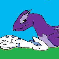 A small, baby lugia alongside a purple, shadow lugia overseeing it