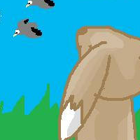 An Eevee from pokemon sitting in a field of grass and looking up thoughtfully at birds flying