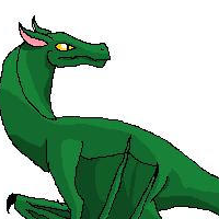 A green coloured wyvern with yellow eyes