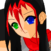 A character with one green eye and one blue eye, with black hair decorated with red streaks
