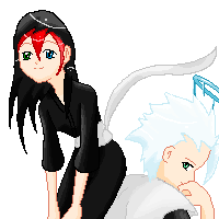 A drawing of a self insert with black hair and front red streaks, with Toshiro Hitsugaya from Bleach