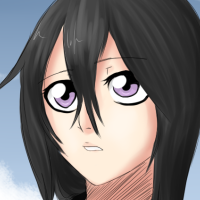 A character with black hair and purple eyes