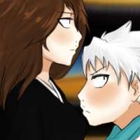 An original bleach character with brown hair, and Toshiro. Both are blushing