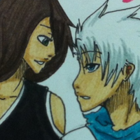 An original bleach character with brown hair and green eyes standing next to Toshiro, they are looking at each other