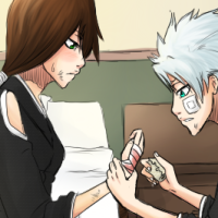 An original bleach character with brown hair having her wound on her hand being taken care of Toshiro