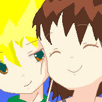 A pixel base of Barry from Pokemon, and a brown haired girl nuzzling under an umbrella