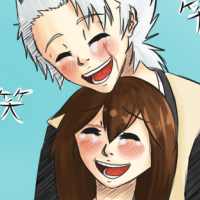 An original bleach character with brown hair and green eyes laughing happily alongside Toshiro