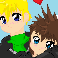 A drawing of a self insert with brown hair, with Roxas from Kingdom Hearts