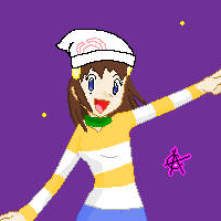 A brown haired girl with a white hat, and an orange and white t-shirt