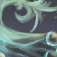Various blue and teal swirls that look akin to water, making a flower shape in the background. Bubbles decorate the foreground