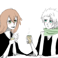 An original bleach character with brown hair and green eyes sharing tea with Toshiro