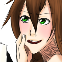 An original bleach character with brown hair and green eyes having her cheek tugged