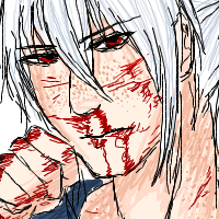 A white haired character covered in blood across his face