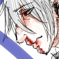 A white haired character sitting on the ground in a hunched over position, blood is pouring from his nose