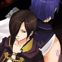 Fire Emblem Robin with brown hair, standing against Chrom's back