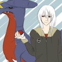 A white haired character standing next to a garchomp and holding a pokeball