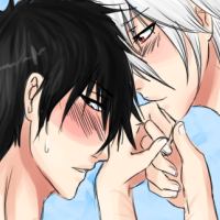 A white haired character and a black haired one standing facing each other, shirtless. The white haired character is kissing the other's knuckles, while the other looks embarrassed