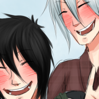 A white haired character and black haired character laughing together