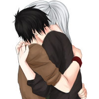 A white haired character and black haired character tightly hugging each other