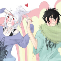 A white haired character and black haired character jumping while their hands are linked together. The white haired character looks happy, the black haired character is flushed. The word 'Jump' is in the background