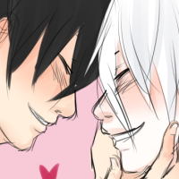 A white haired character and black haired character pressing their foreheads together as they smile