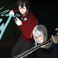 A white haired character and black haired character, both are holding swords, one lit with electricity, and the other with a blue smoke