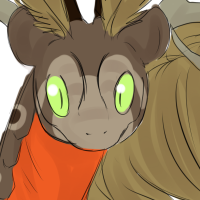 A spiral dragon from Flight Rising with green eyes, and a brown and orange colouration pattern