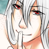 A white haired character swimming in water, he is making a shushing motion with a finger on his lips