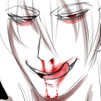 A white haired character who is looking exhausted, but smiling as he licks the blood dripping from his nose