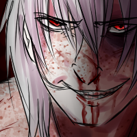A white haired character smirking as he's visibly bloodied