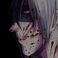 A white haired character covered in blood, a dark stare is towards the viewer