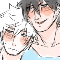 A white haired character looking embarrassed as a black haired one is grinning