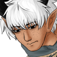 A white haired character with tan skin, freckles, elf-like ears, and dark eyes