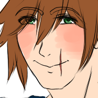 A brown haired character with green eyes and a vertical scar across his lips