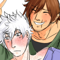 A white haired character with short hair being hugged by one with brown hair and a scar across his lips
