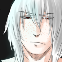 A white haired character with a serious expression as he is staring at the viewer