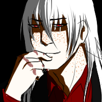 A white haired character with a dark expression and a smile