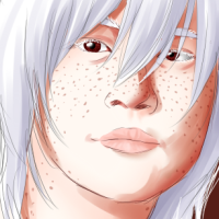 A white haired character with white lashes and freckles