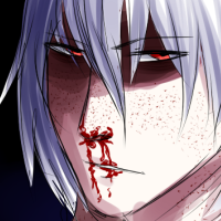 A white haired character with a dark look towards the viewer, blood is coming from his nose