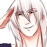 A white haired character saluting towards the viewer