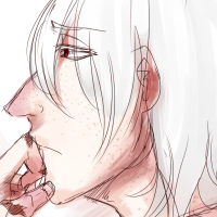 A white haired character in a thoughtful pose as he's looking off in the distance