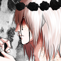 A white haired character wearing a black flower crown, black liquid is falling down over his face