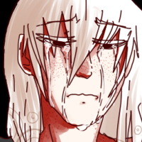 A white haired character who is crying