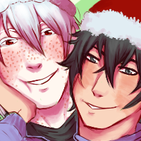 Two characters, one with white hair and one with black, the black haired character is wearing a santa hat