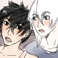 A black haired character and white haired character talking