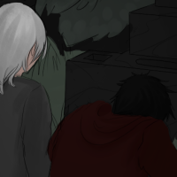 A white haired character and black haired character sitting down together
