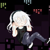 A pixel drawing of a white haired character floating as he's wearing headphones, a digital city can be seen in the background
