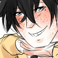 A black haired character with freckles and a birthmark at the eye, he is grinning towards the viewer