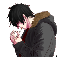 A black haired character leaning back as he is smoking